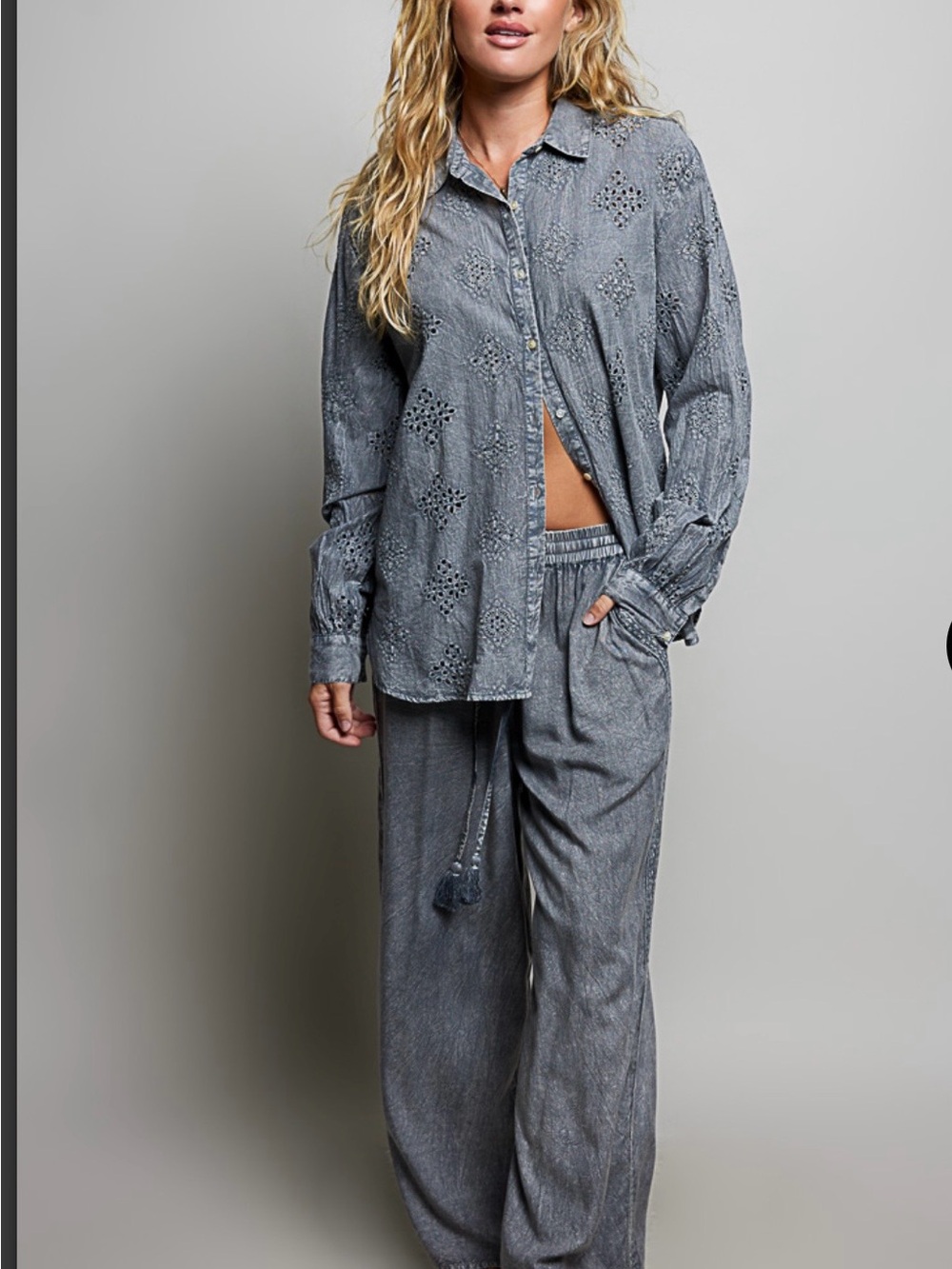 Pol Women's Gray Eyelet-Detail Lounge Shirt & Pants Set